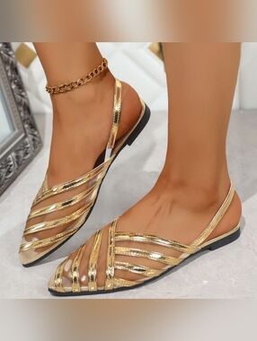 Gold Strappy Pointed-Toe Slingback Flat Sandals- Women's